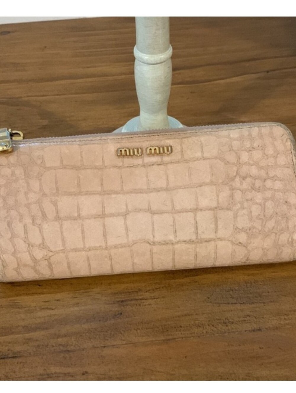 Miu Miu Beige Croc-Embossed Zip Around Wallet with Gold Hardware